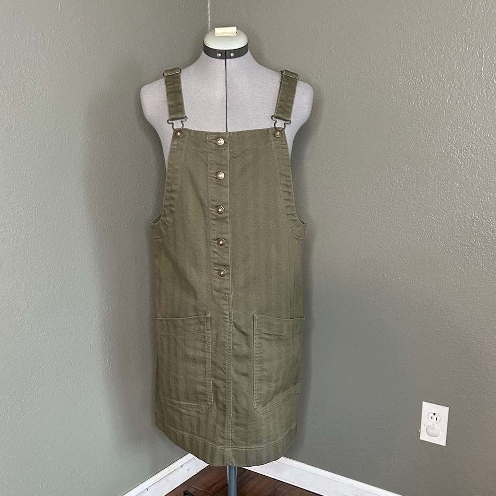 Olive Green Button-Front Pinafore Dress